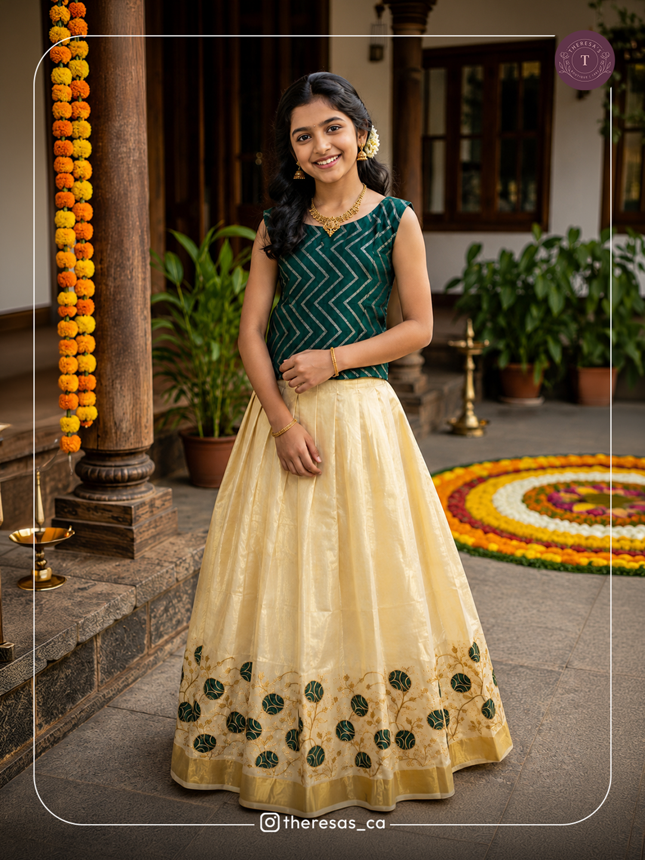 Elegant Green & Cream Traditional Half-Saree