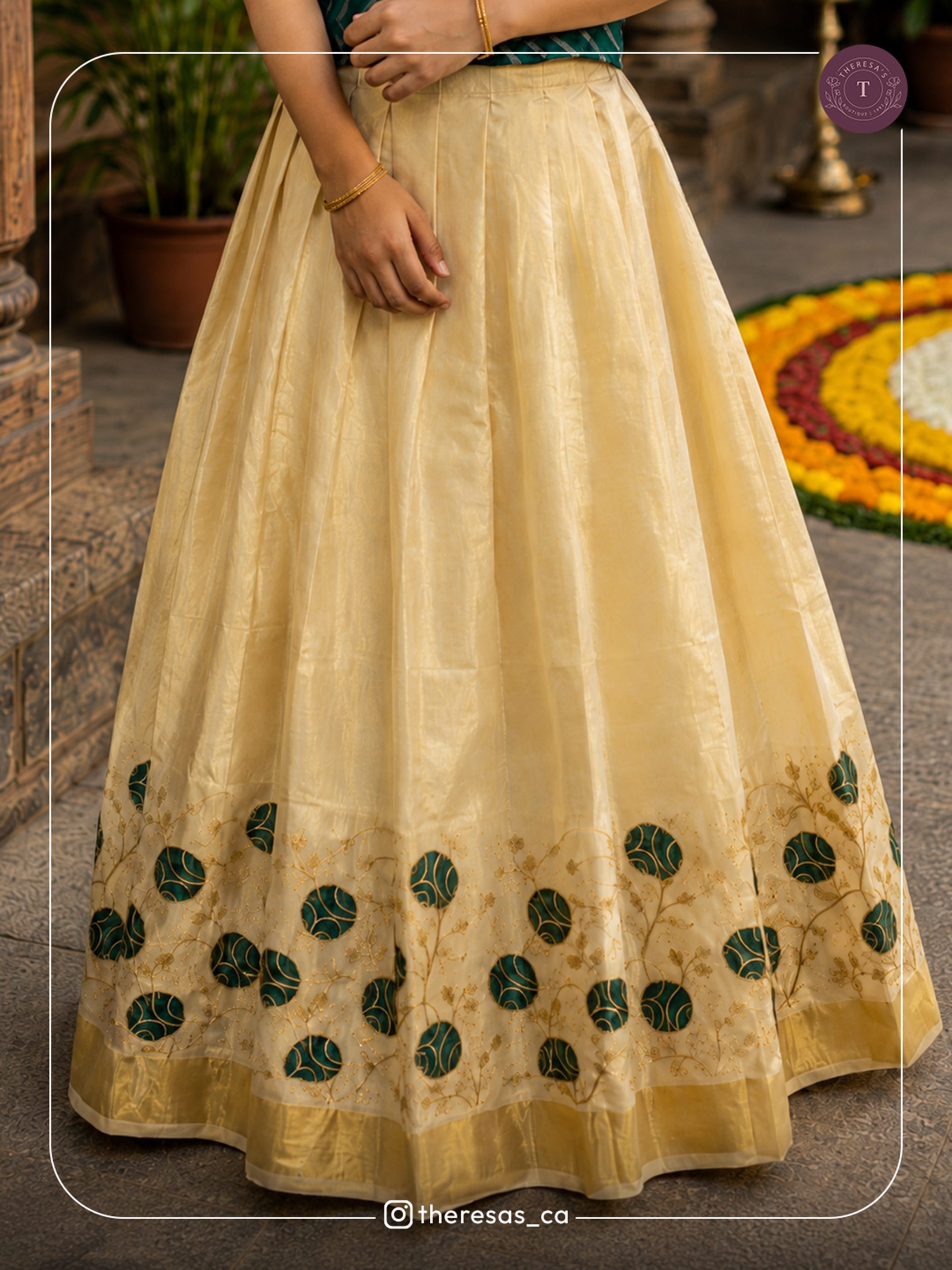 Elegant Green & Cream Traditional Half-Saree