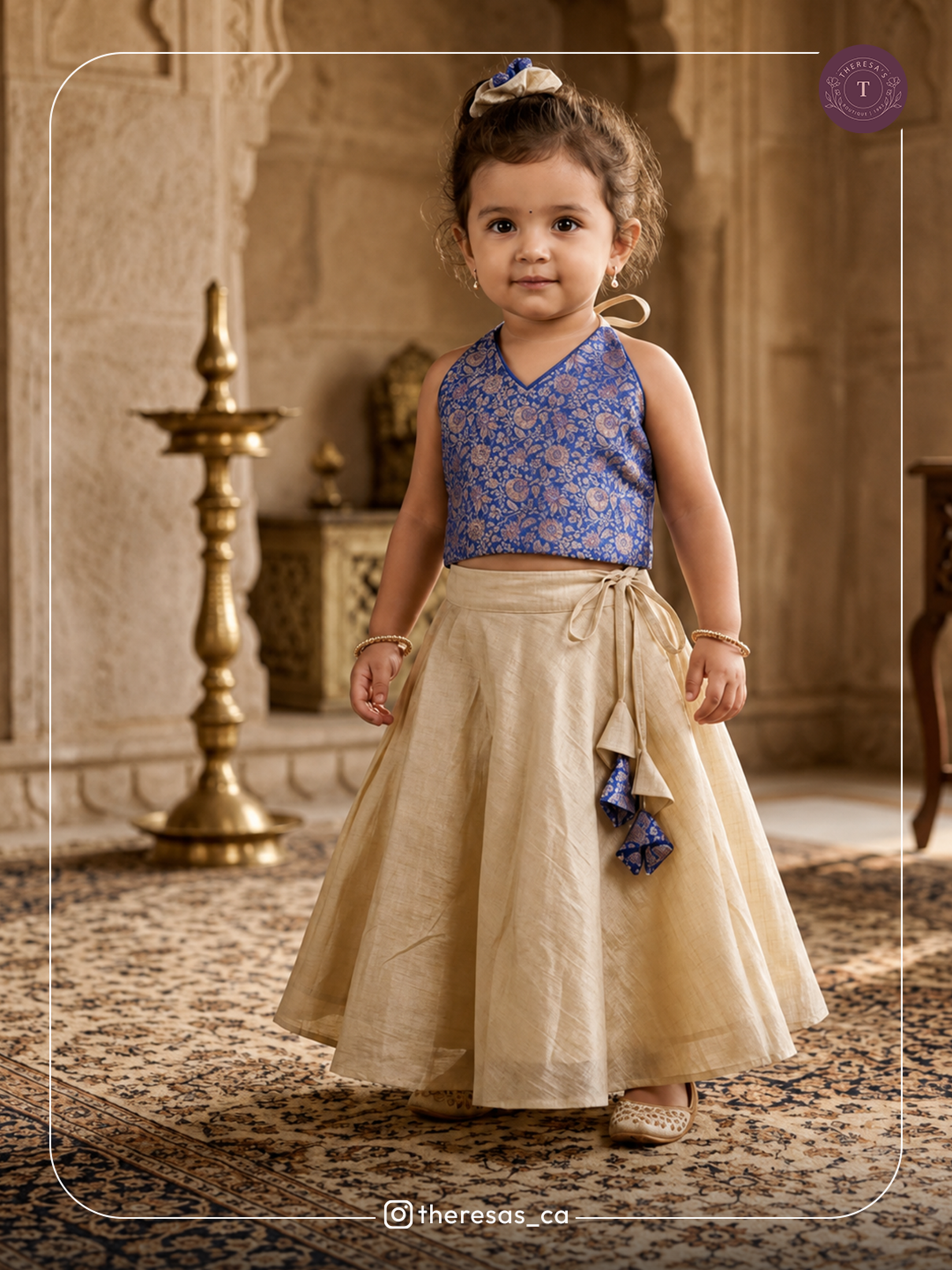 Blue Sleeveless Blouse with Cream Long Skirt