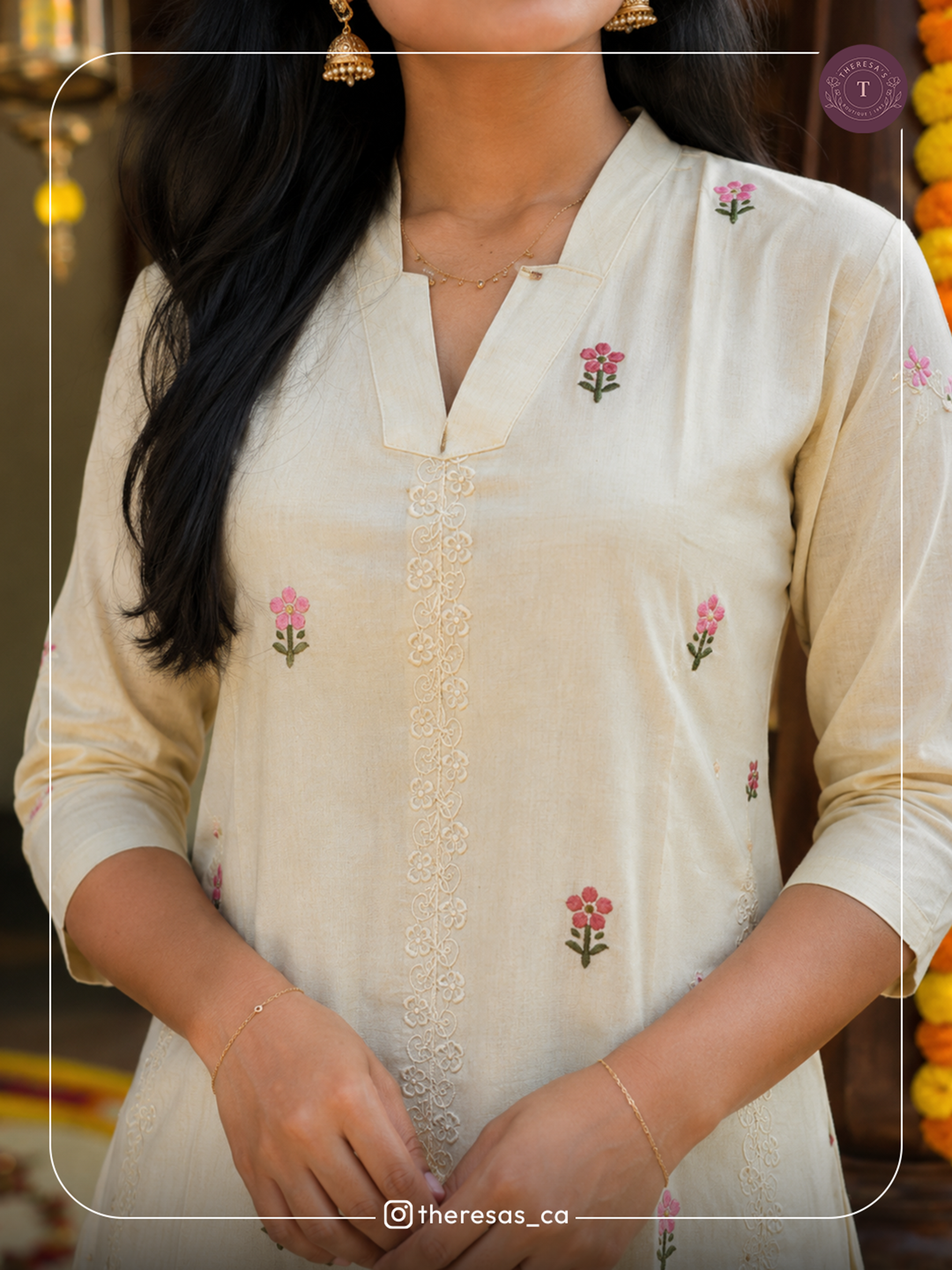 Elegant Ivory Floral Embroidered Kurta Set