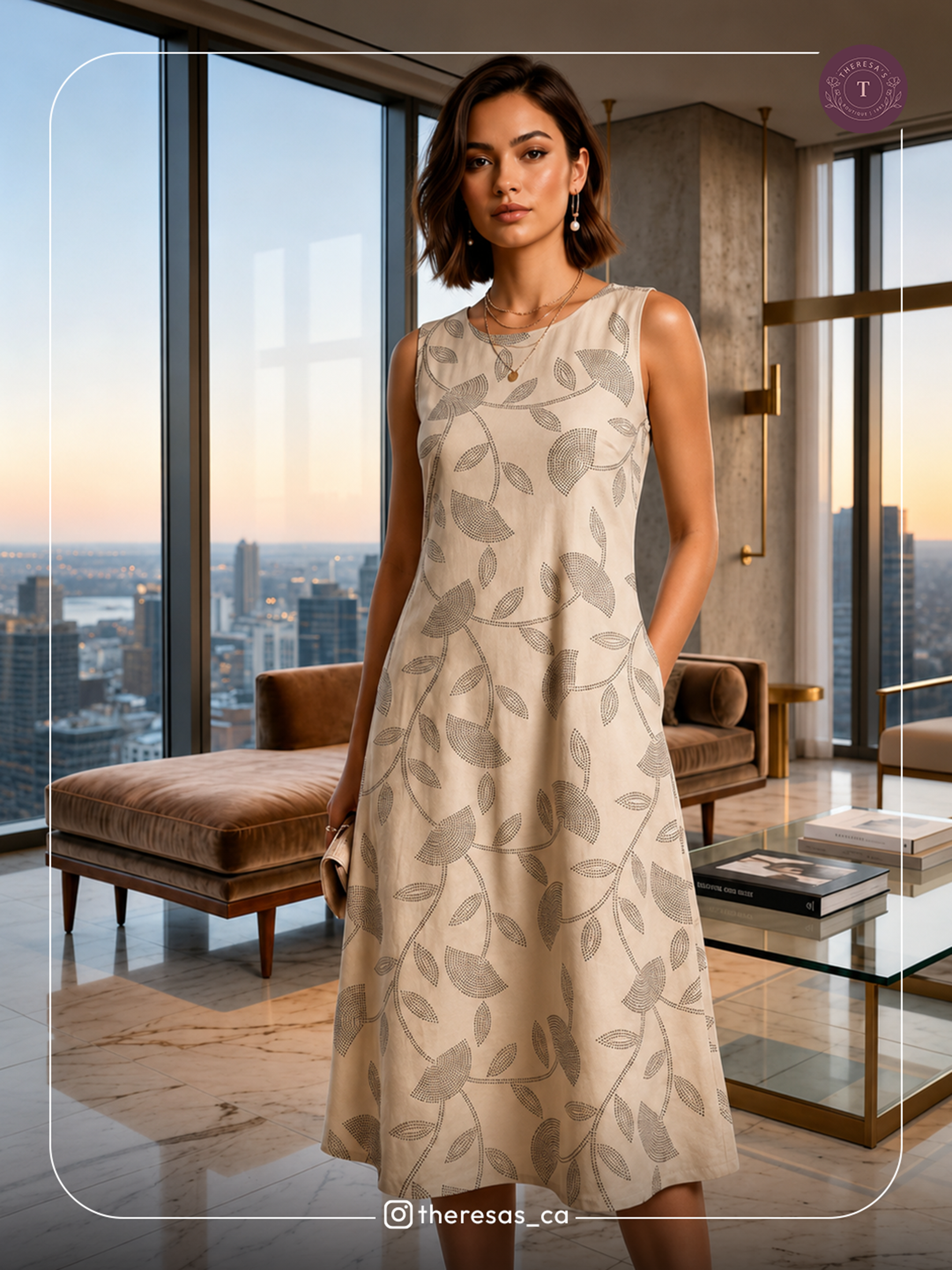 Elegant Cream Floral Leaf Print A-Line Dress