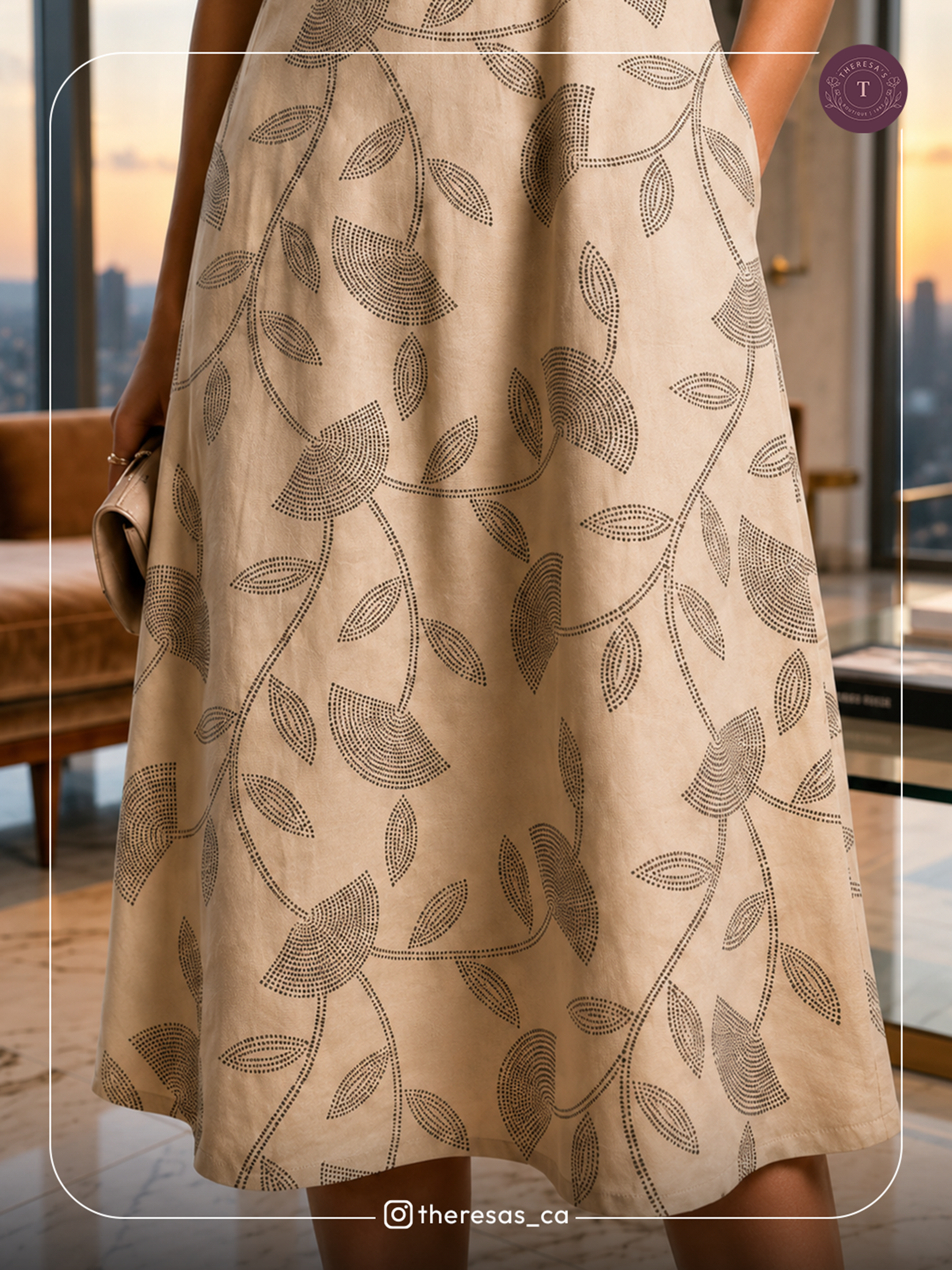 Elegant Cream Floral Leaf Print A-Line Dress