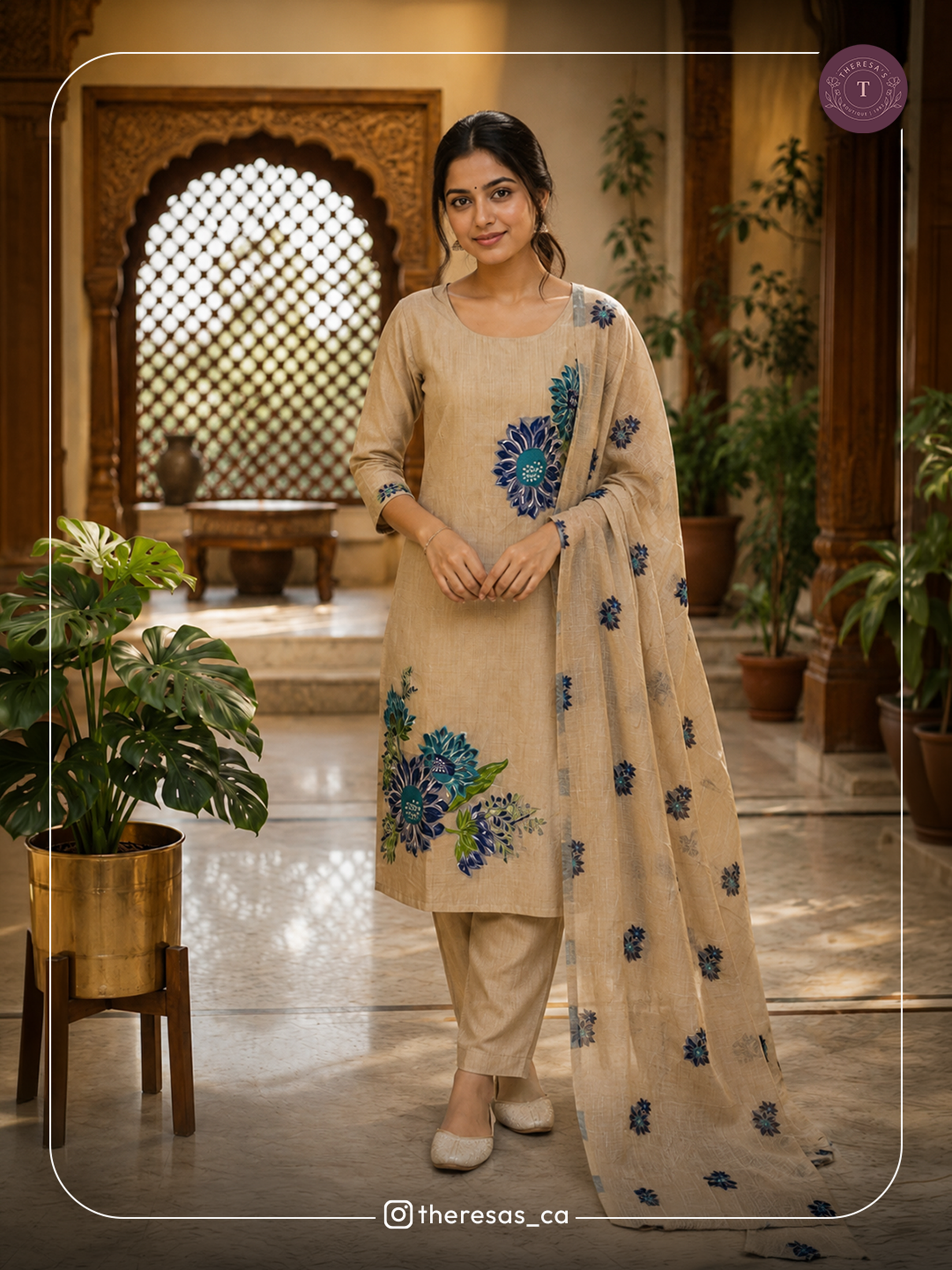 Elegant Beige Floral Churidar Set