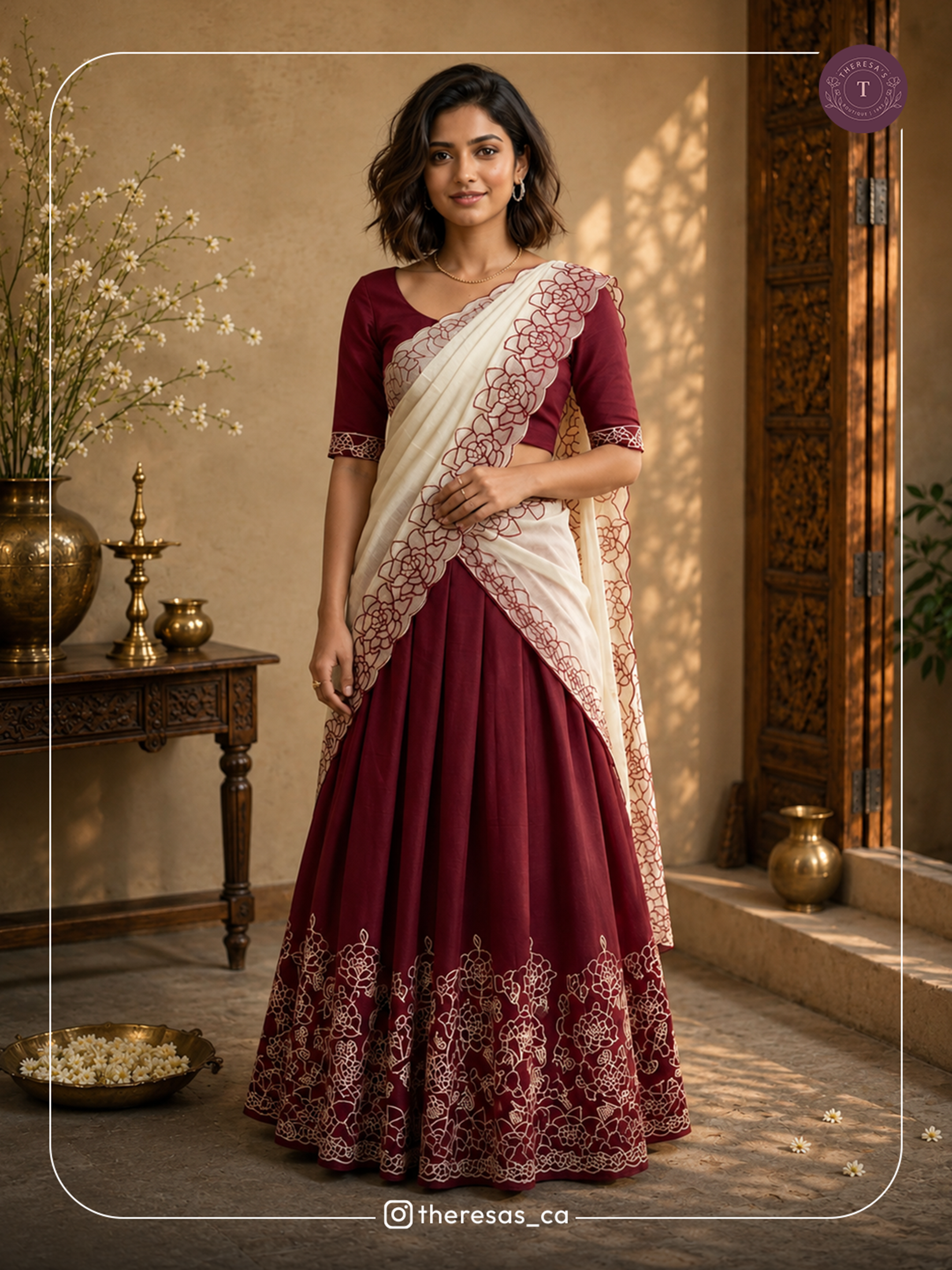 Burgundy Embroidered Lehenga with Dupatta