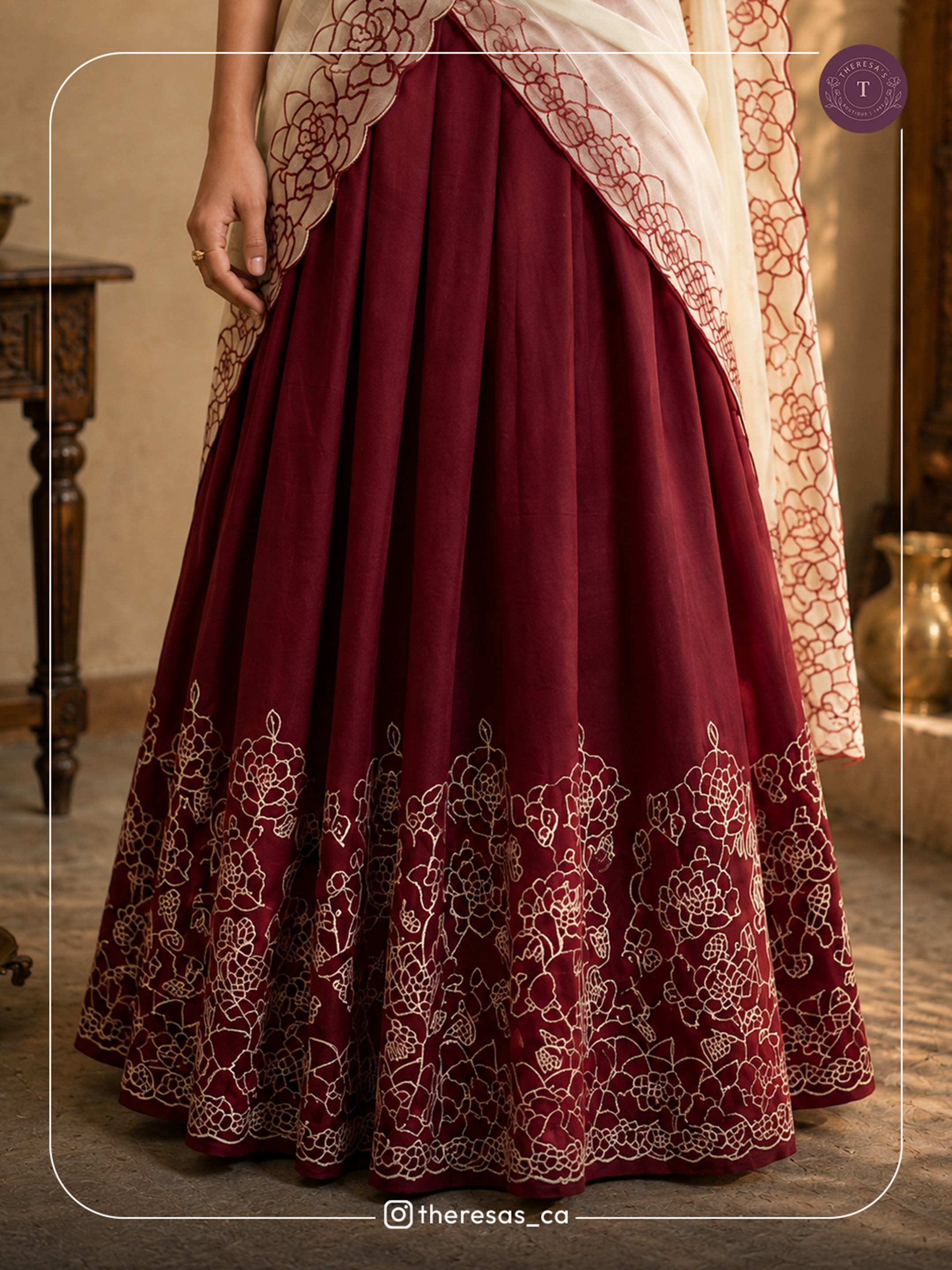 Burgundy Embroidered Lehenga with Dupatta