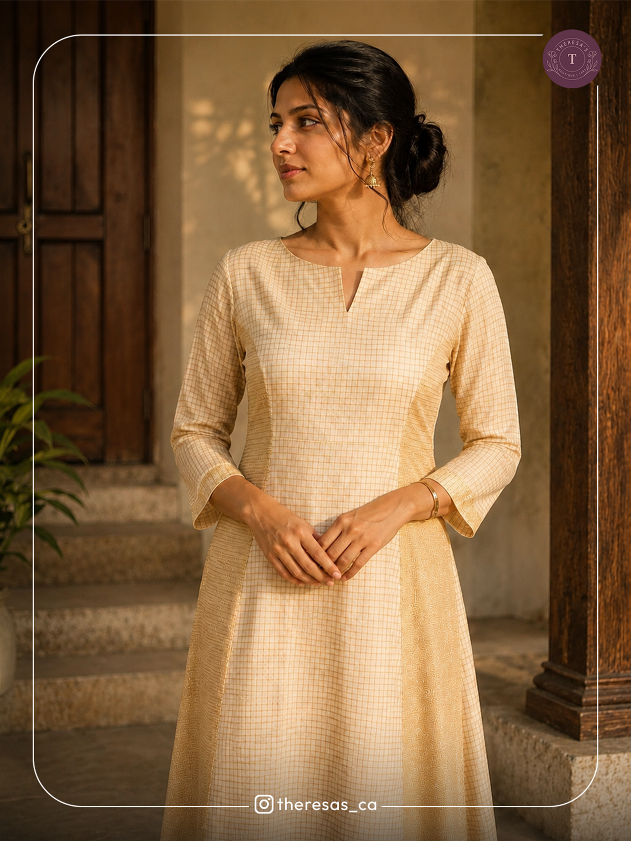 Elegant Beige Checkered Anarkali Kurti