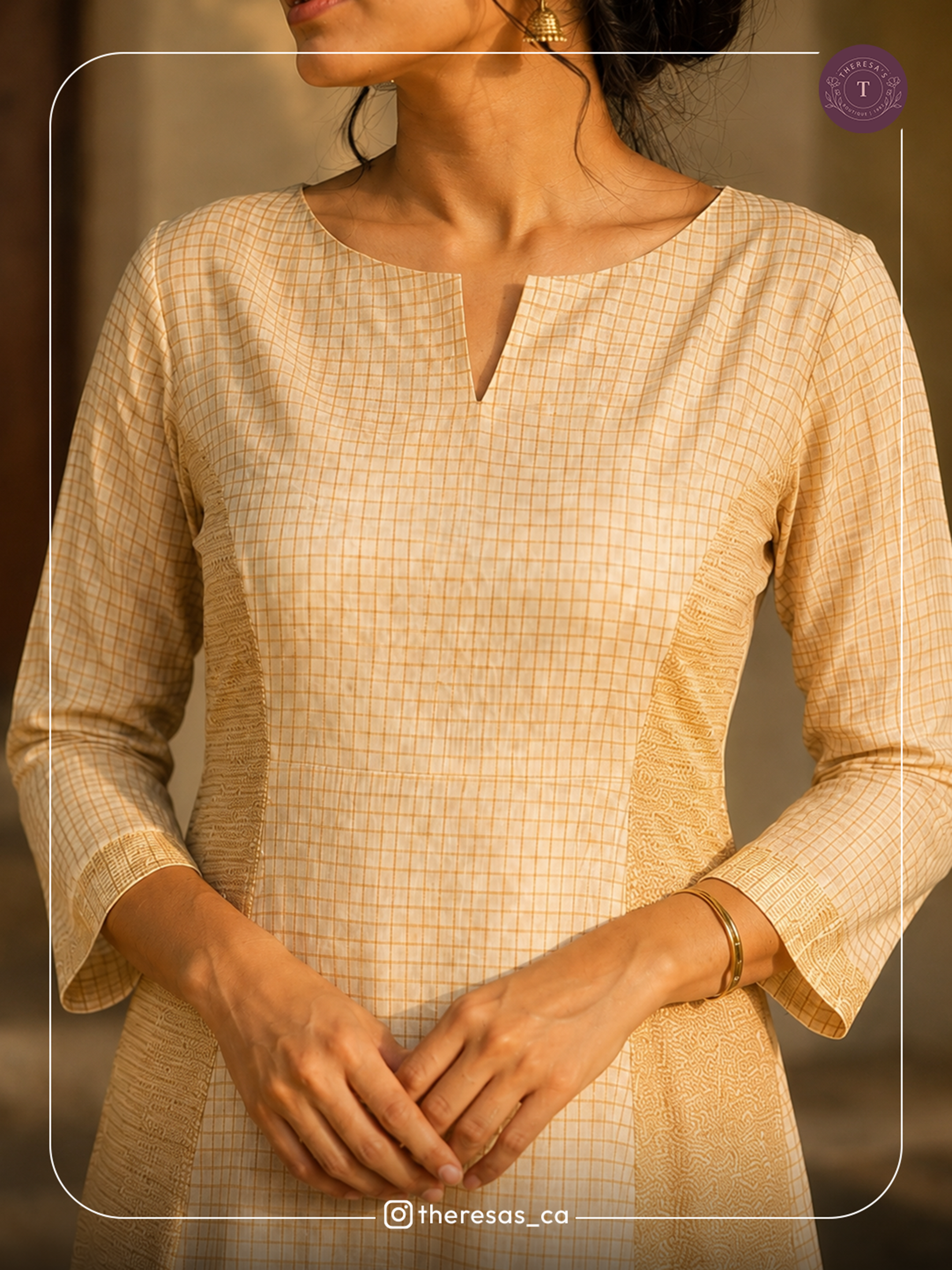 Elegant Beige Checkered Anarkali Kurti