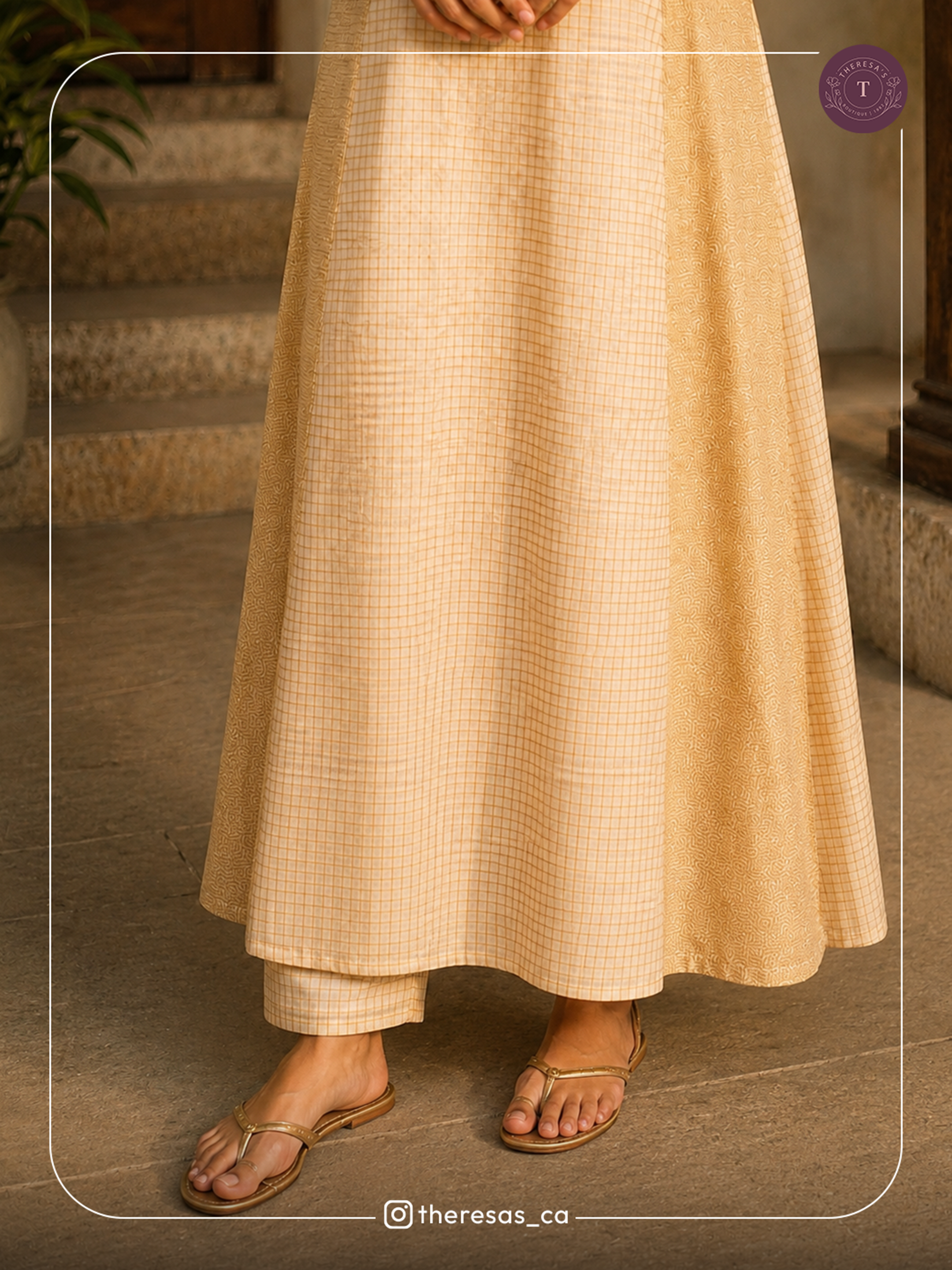 Elegant Beige Checkered Anarkali Kurti