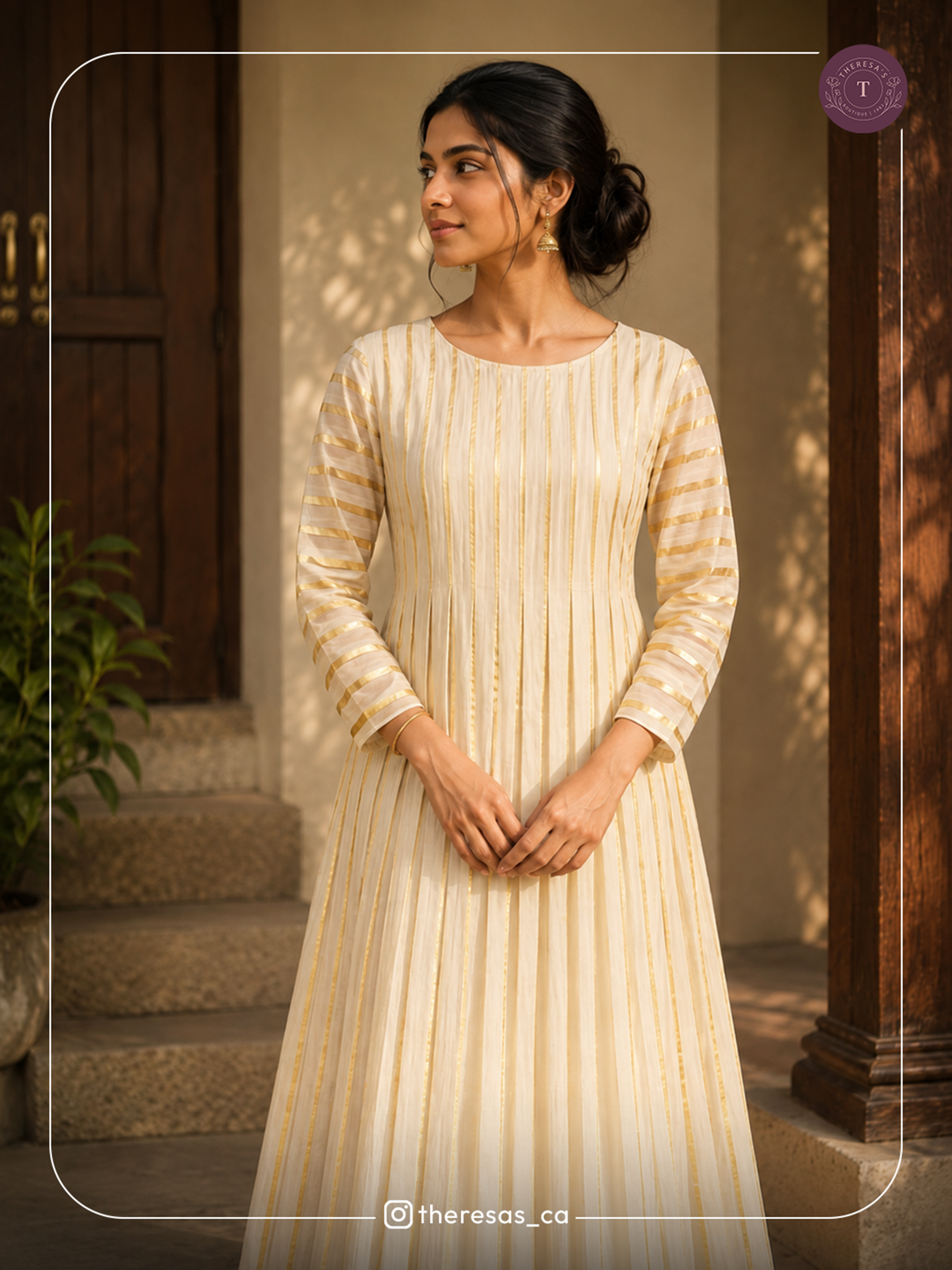 Elegant Ivory & Gold Striped Anarkali Kurti