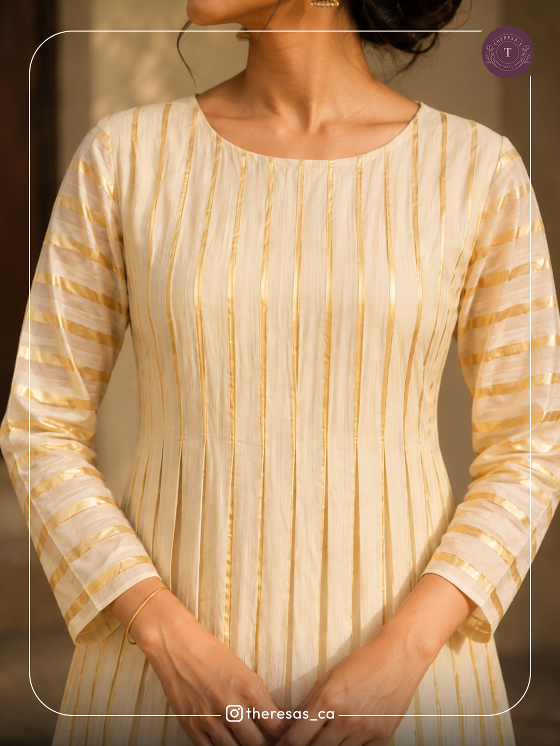 Elegant Ivory & Gold Striped Anarkali Kurti