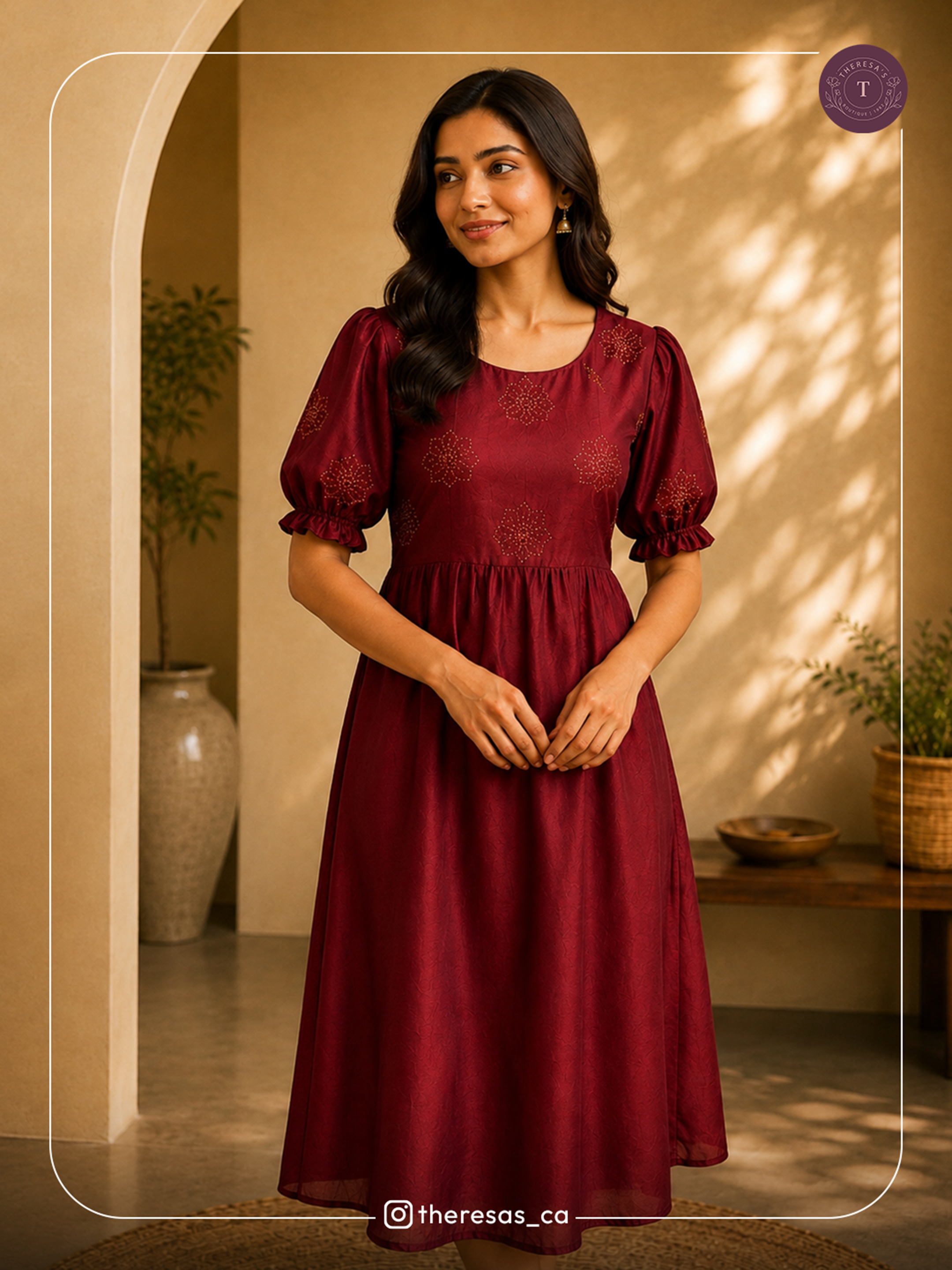 Maroon Golden Embroidered Midi Dress