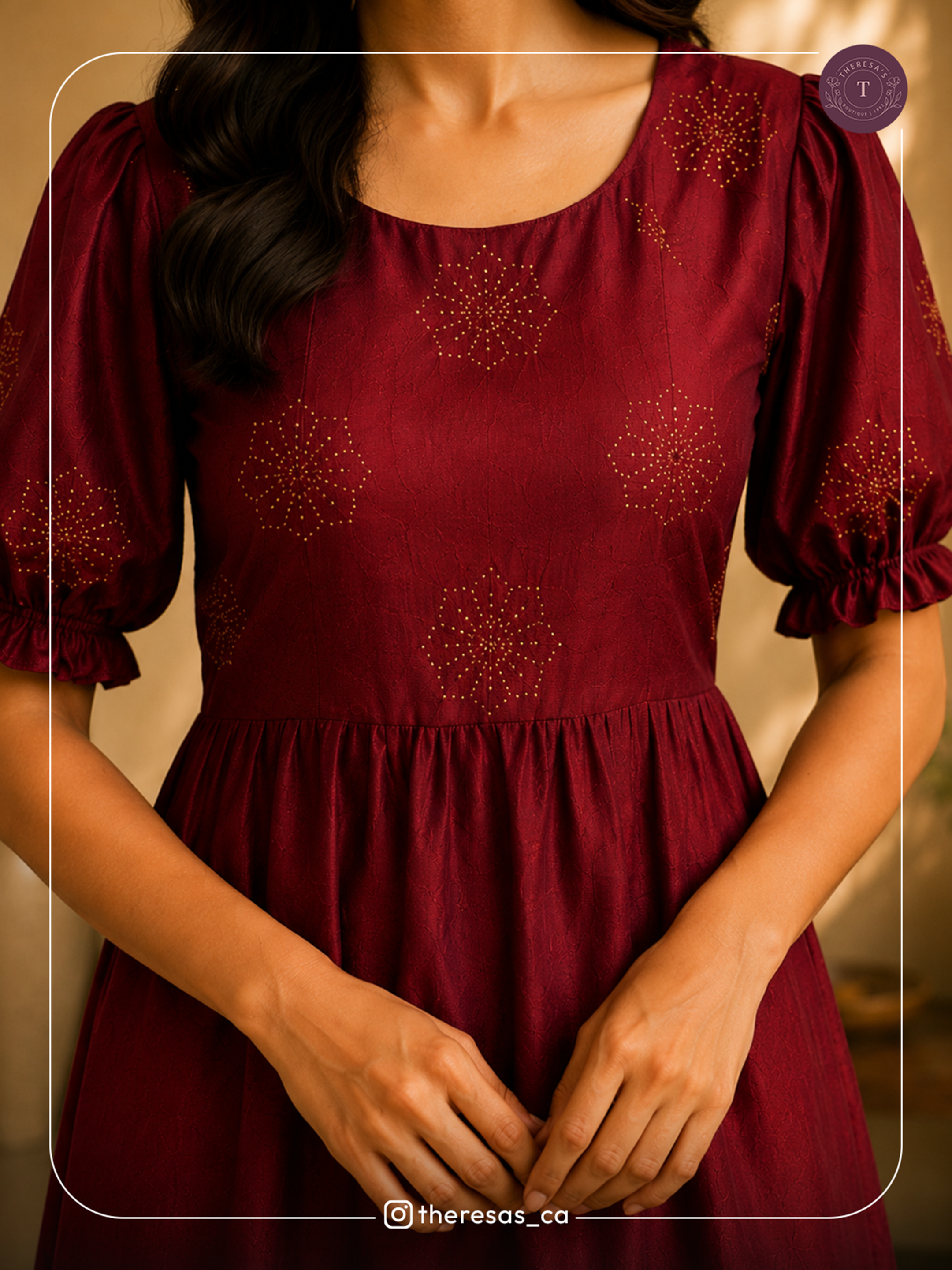 Maroon Golden Embroidered Midi Dress