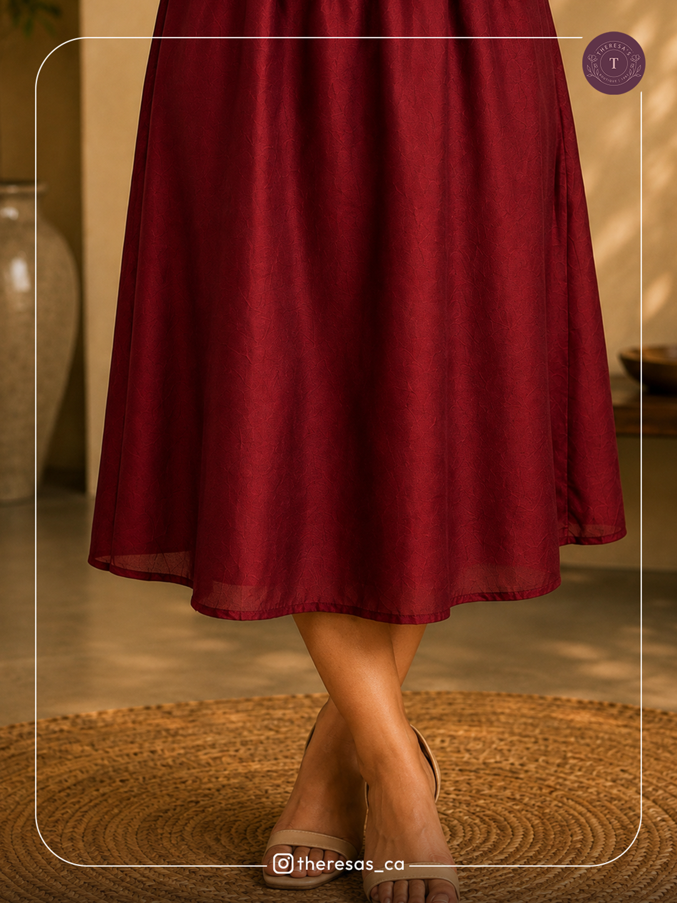 Maroon Golden Embroidered Midi Dress