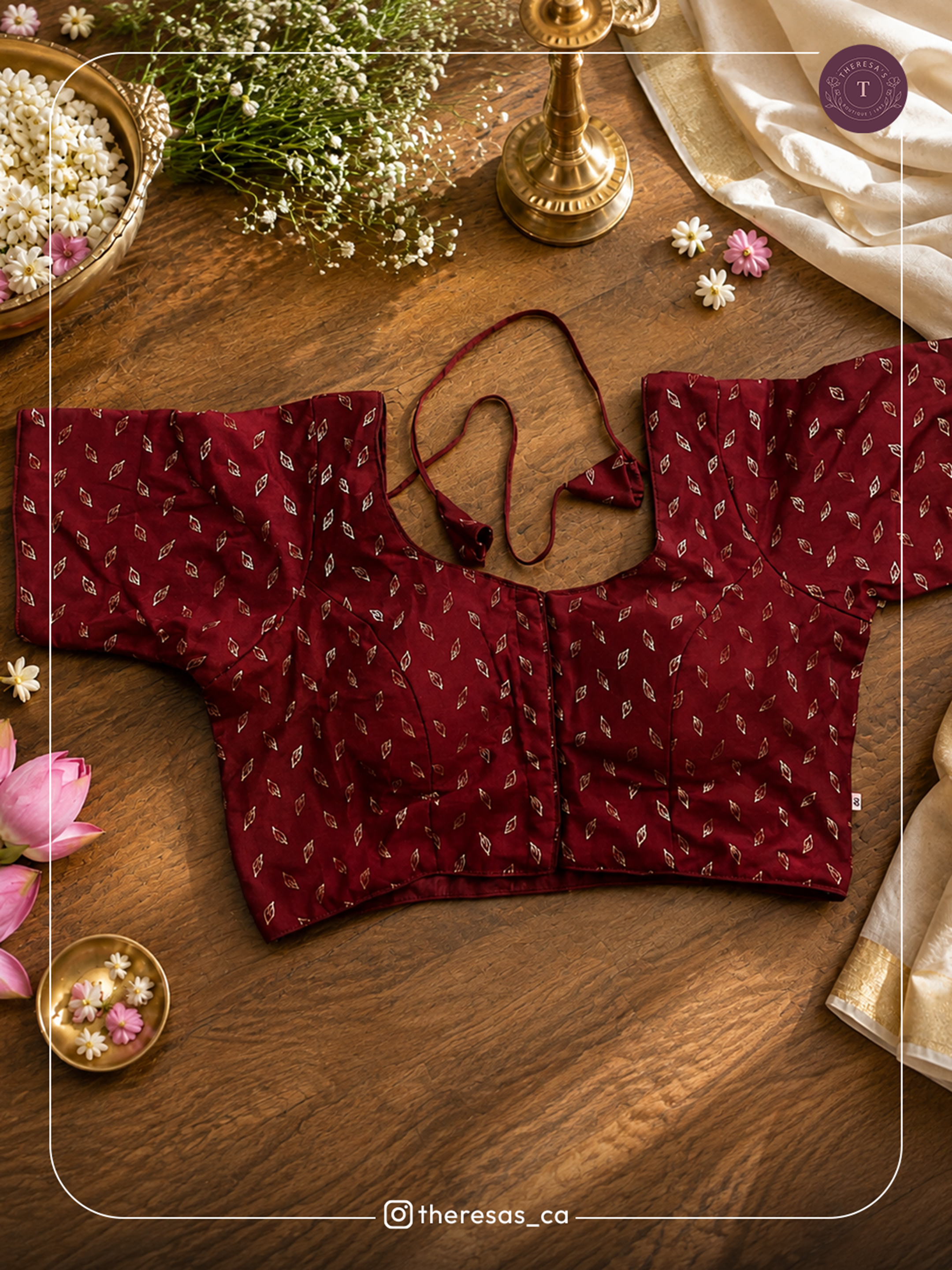 Maroon Printed Elbow-Sleeve Blouse