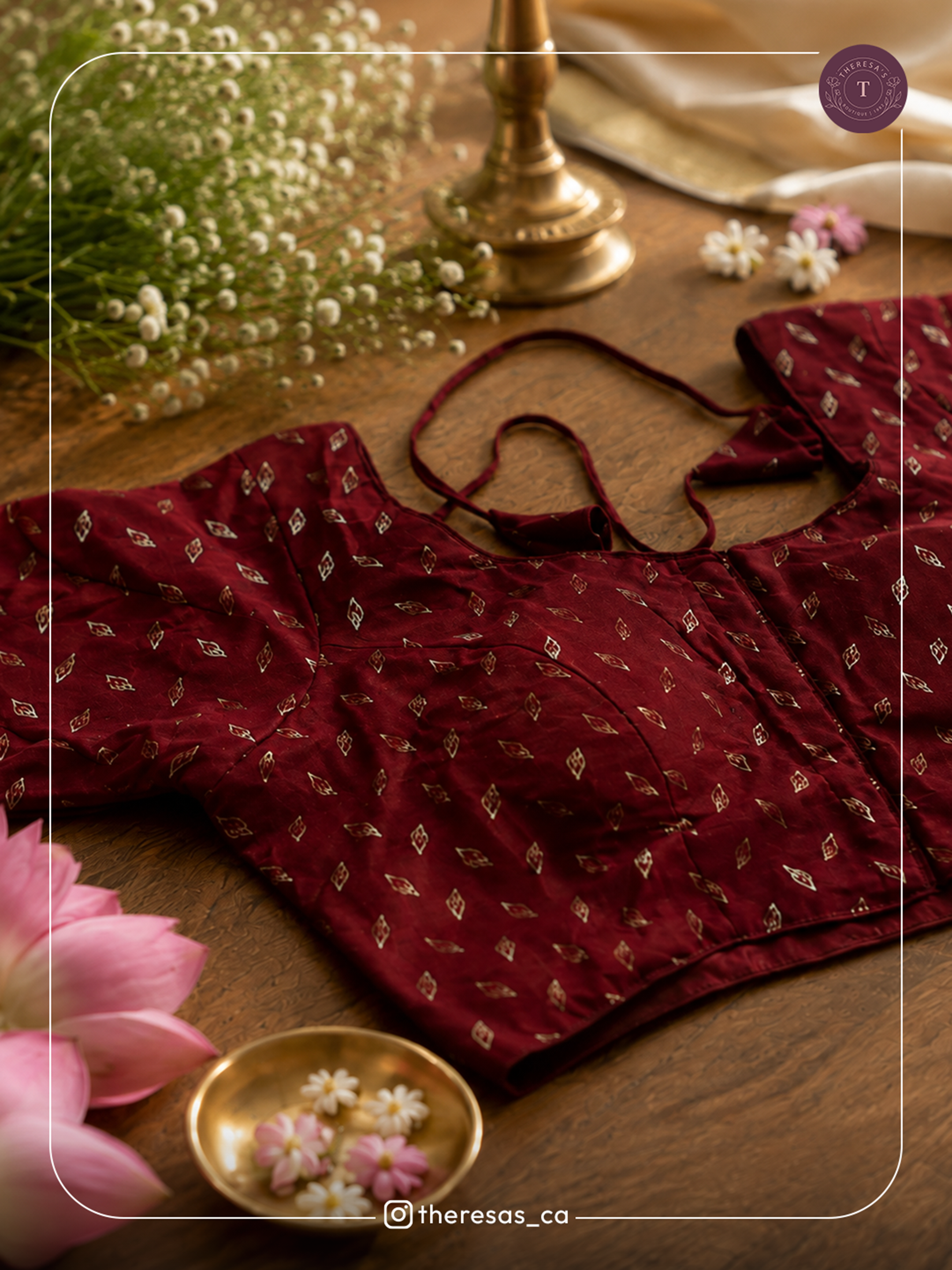 Maroon Printed Elbow-Sleeve Blouse