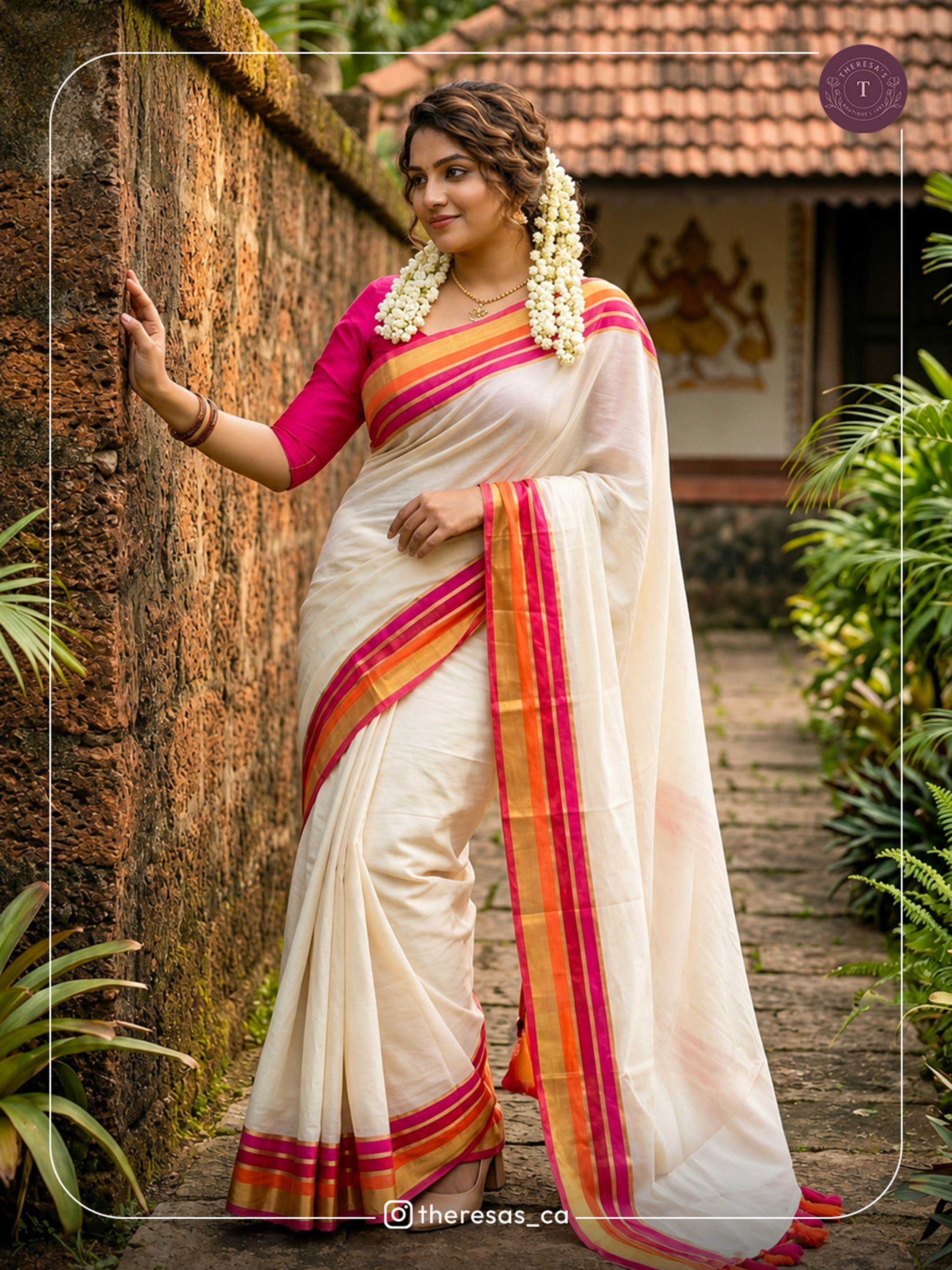 Elegant Kasavu Saree with Pink & Golden Borders