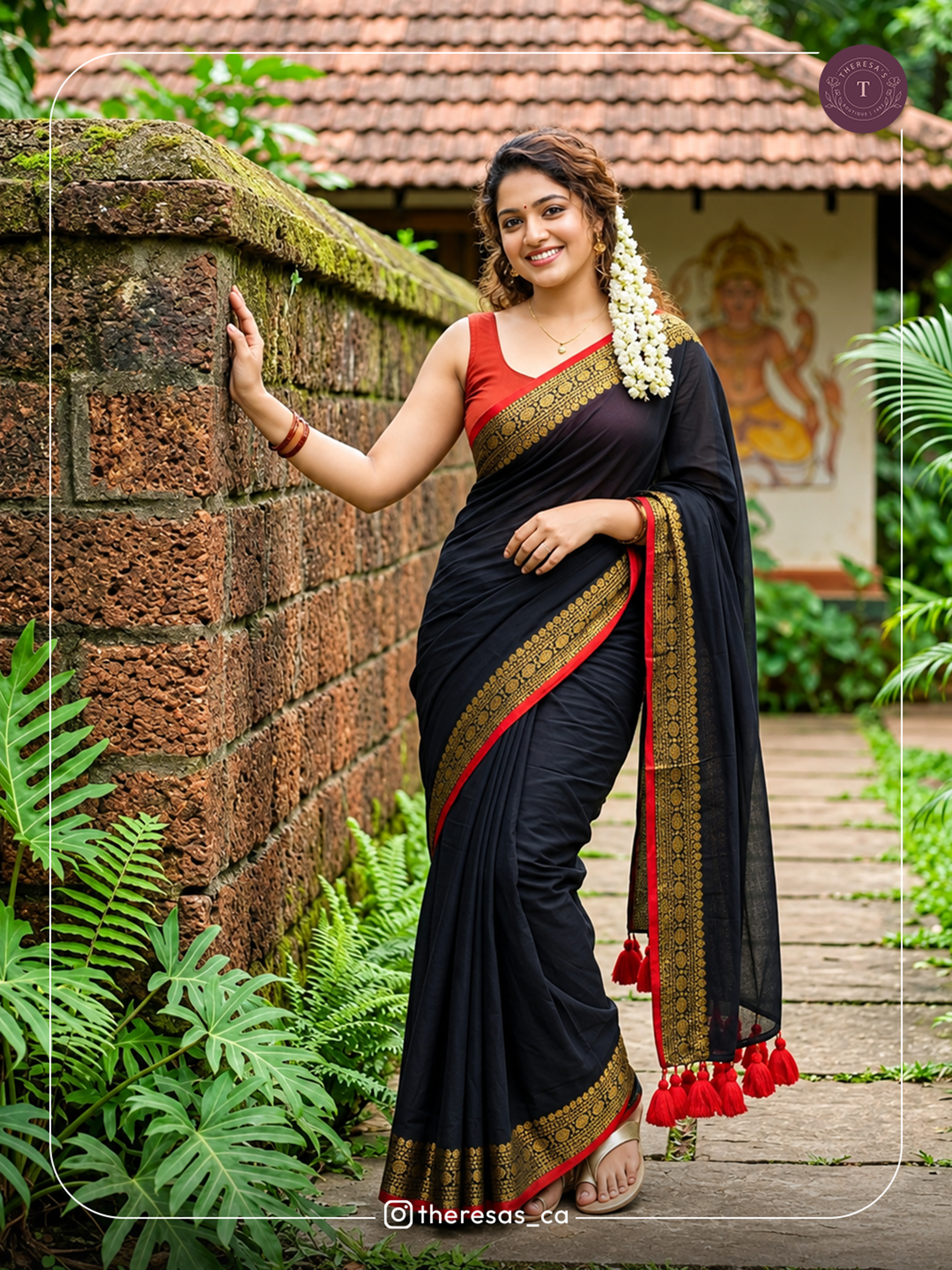 Black & Red Designer Saree with Gold Border