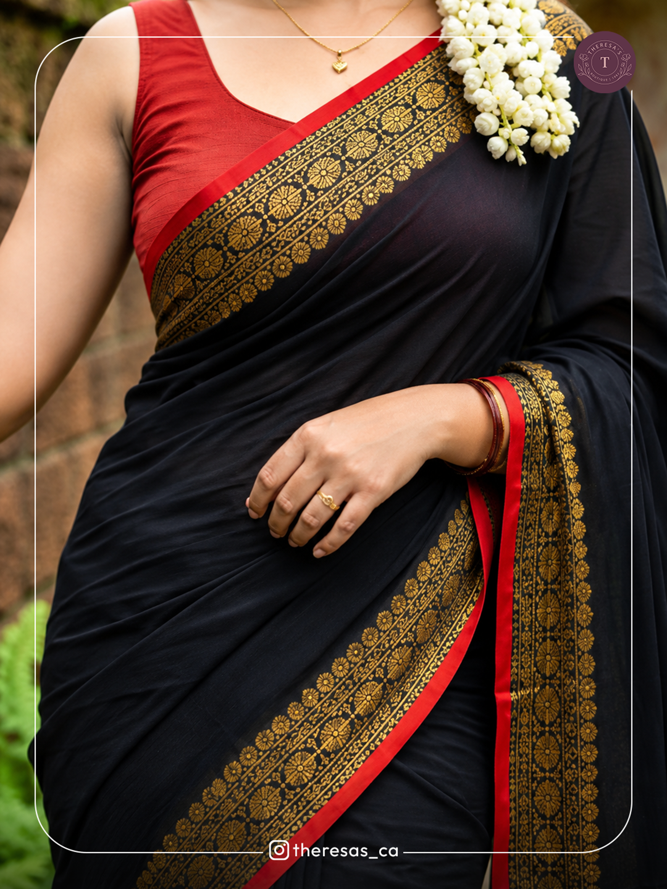 Black & Red Designer Saree with Gold Border