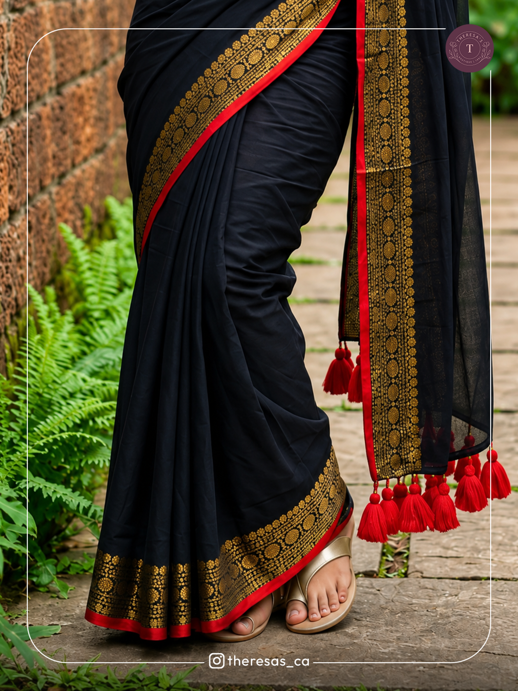 Black & Red Designer Saree with Gold Border