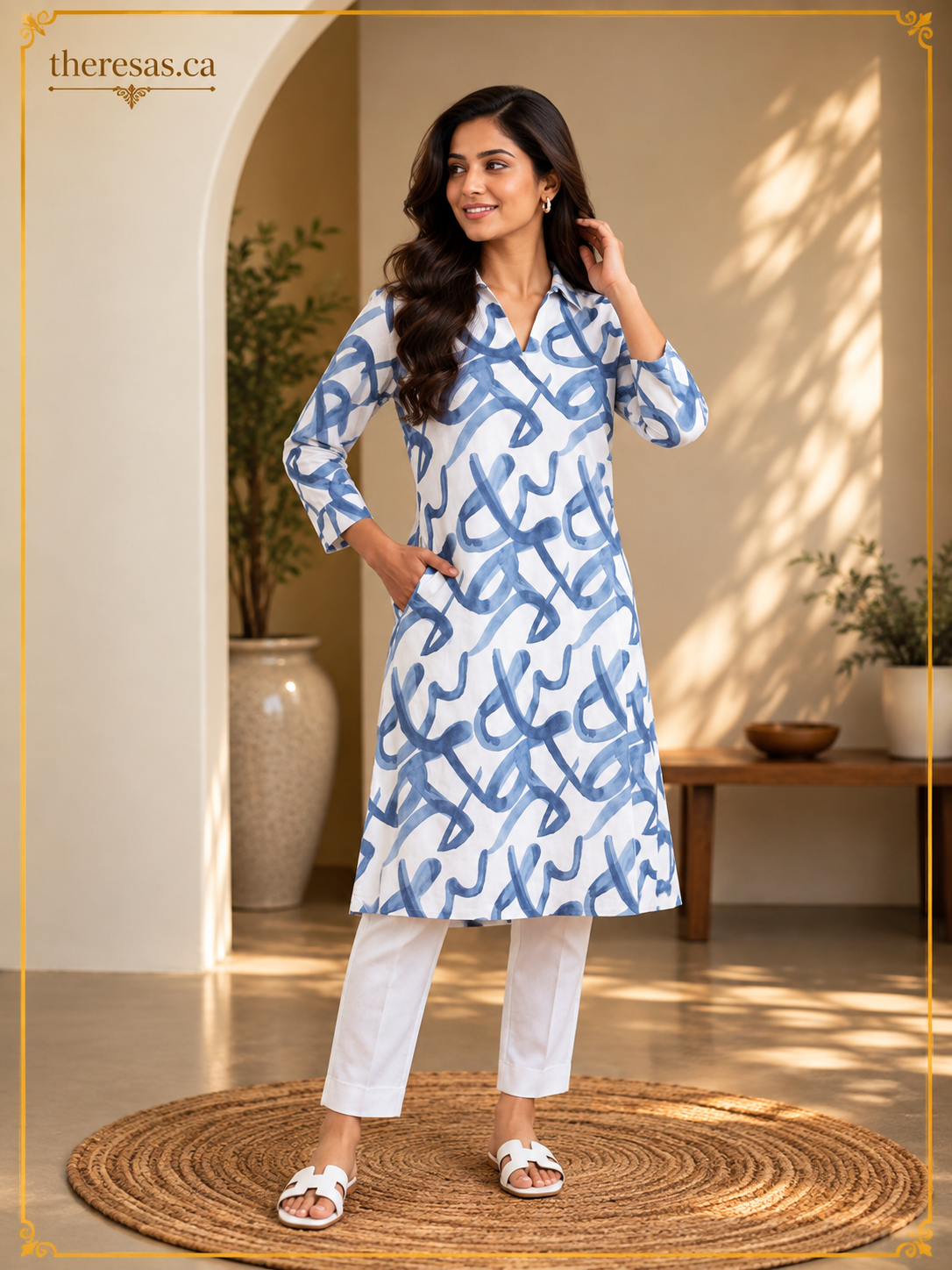 Azure Blue Abstract Print Cotton Straight Kurti