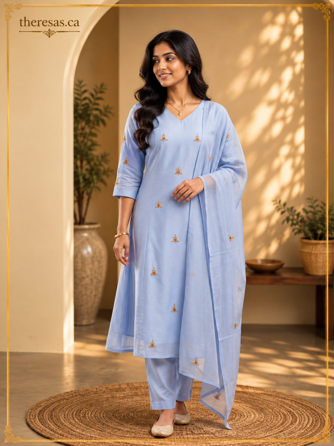 Celeste Sky Blue Mul Chanderi Embroidered A-Line 3-Piece Kurta Set