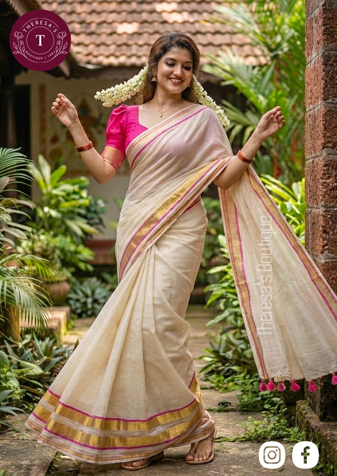 Elegant Mulchanderi  Saree with Pink & Golden Borders