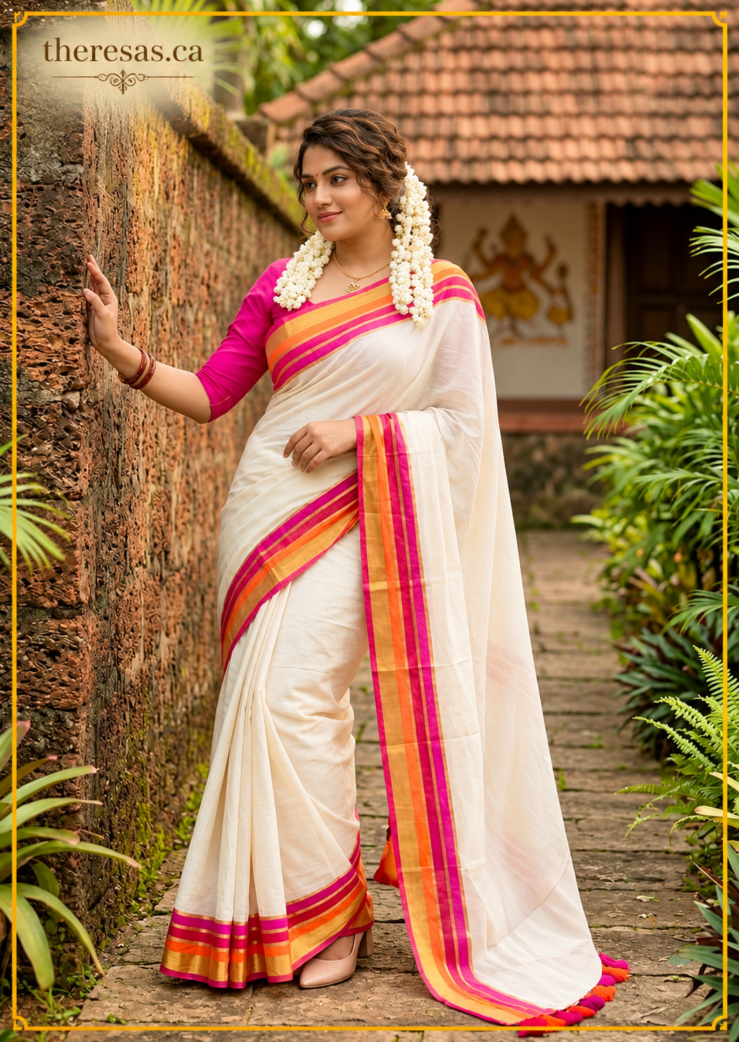 Malabar Bloom Mulchanderi Saree – Ivory, Pink & Orange