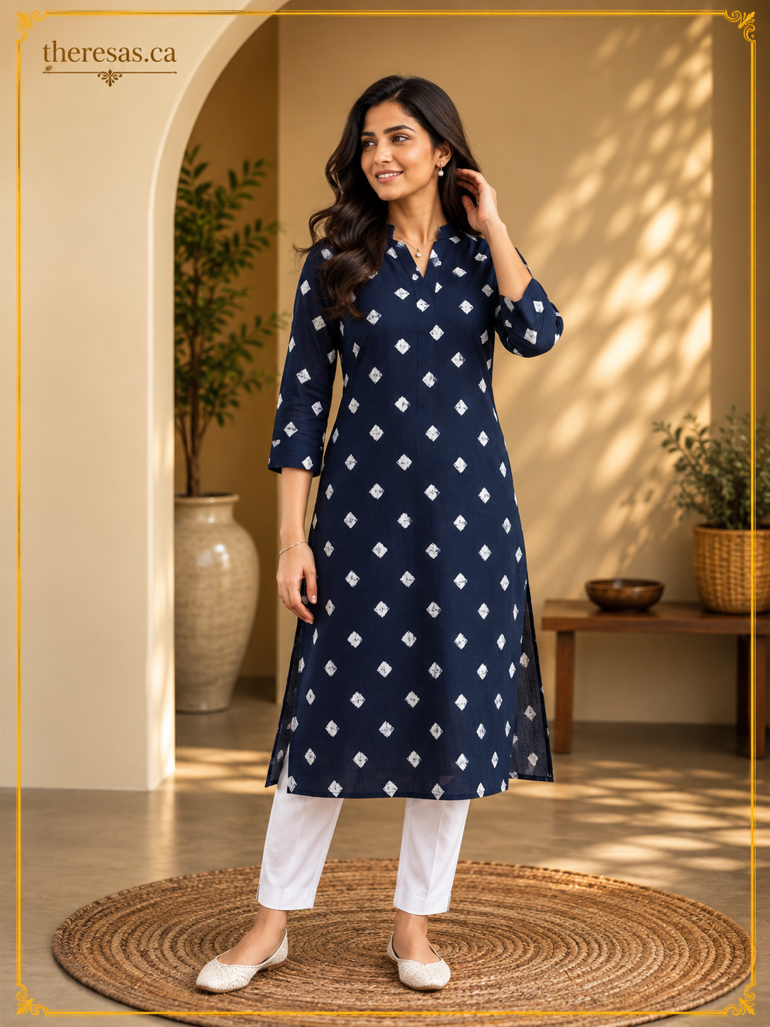 Midnight Navy Geometric Print Corduroy Straight Kurti
