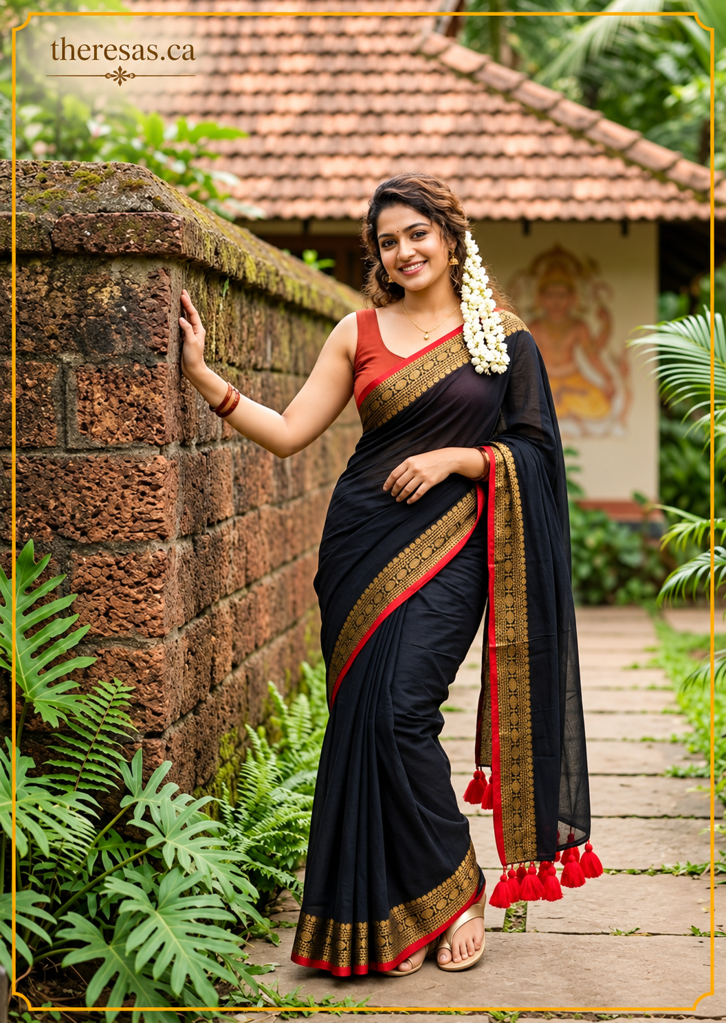 Mulchanderi Black & Gold Kerala Saree